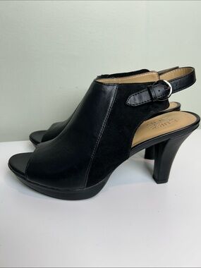 Naturalizer Dawn Black Leather Suede Peep Toe Slingback Heels 9.5M